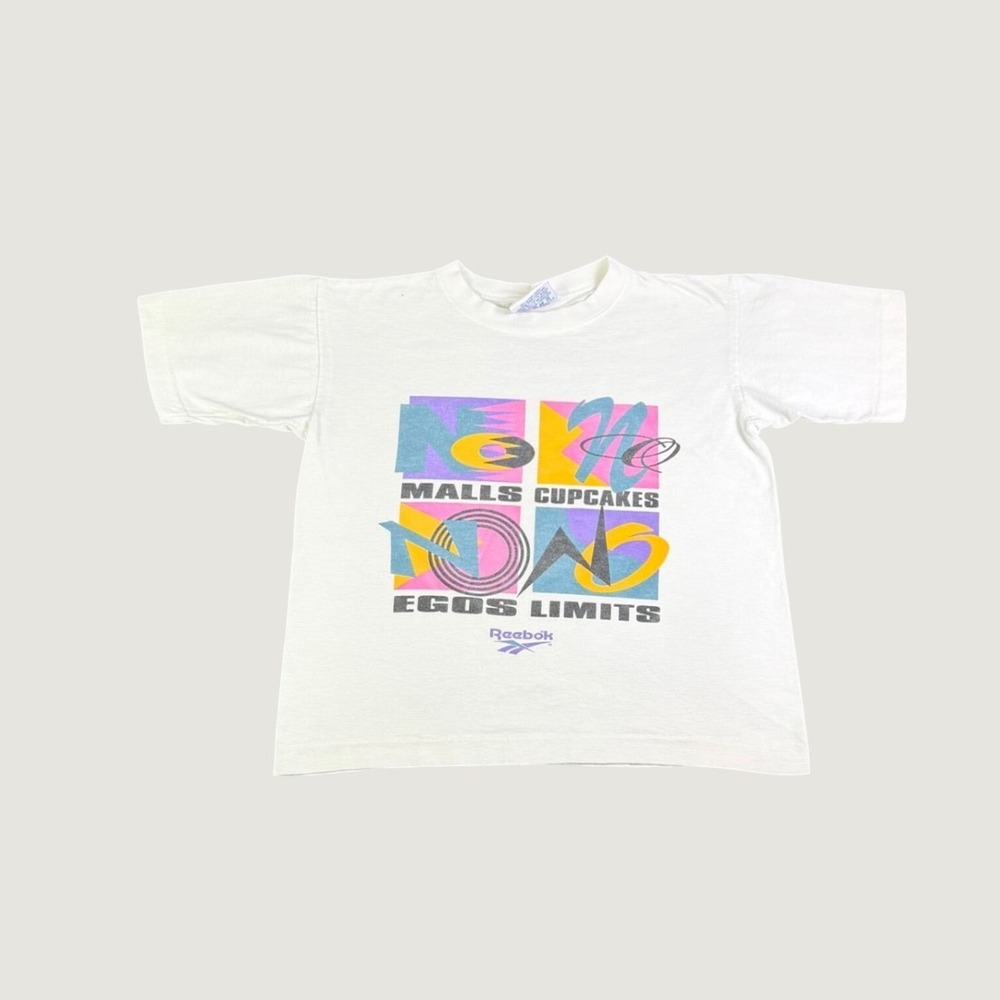 Vintage Reebok No Malls Cupcakes Egos Limits Graphic T-Shirt White Small 90s